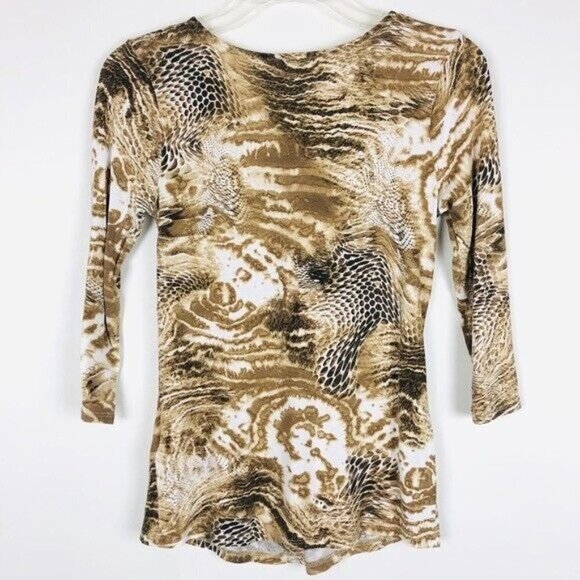 Three Dots Knot Front Snake Print Top 3/4 Sleeves S Brown V-Neck - Picture 3 of 7